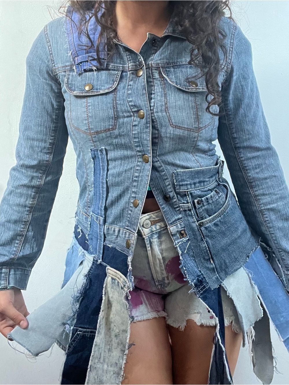 Distressed Blue Denim Patchwork Jean Jacket